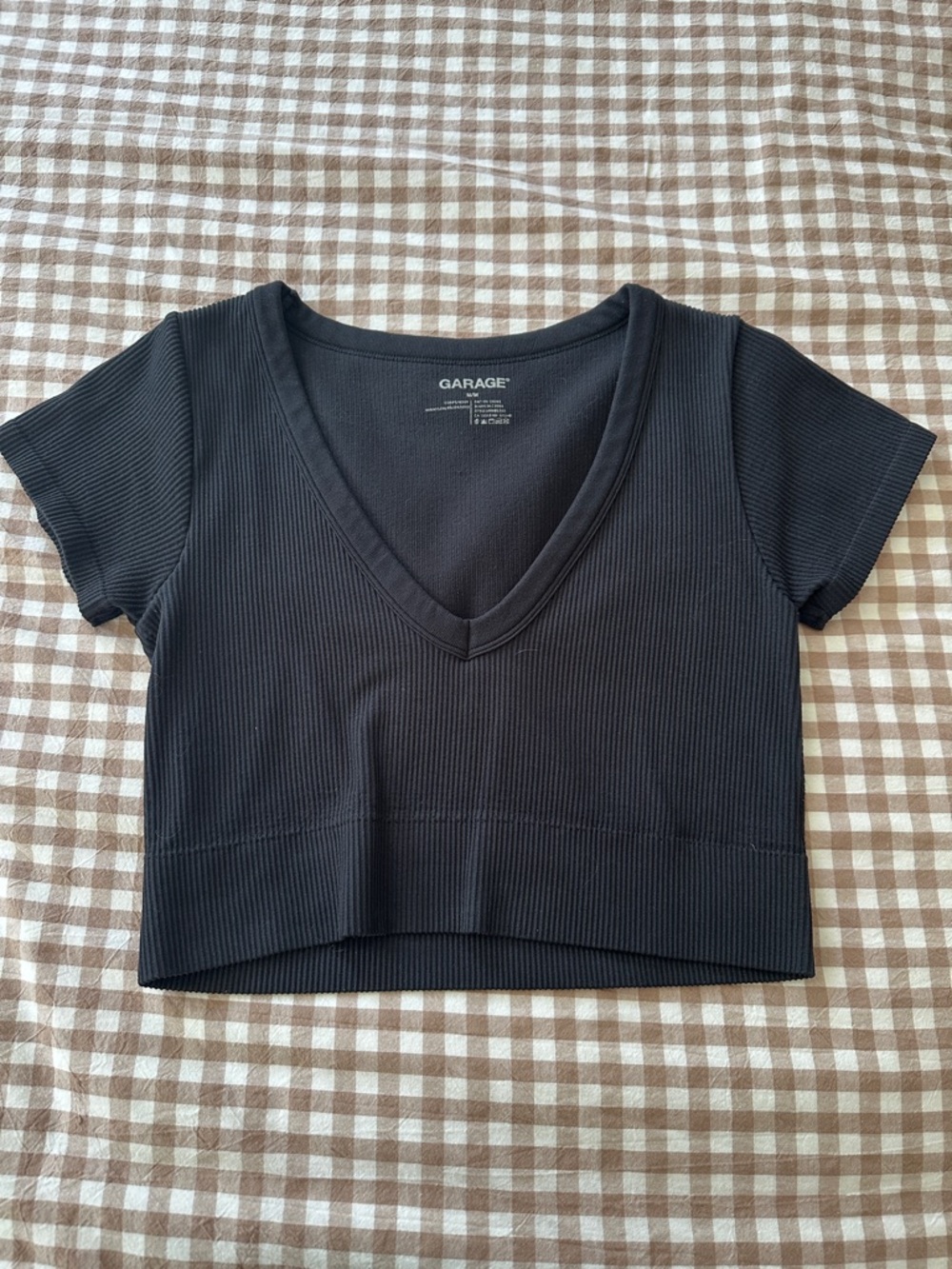 Garage Ribbed Deep V-Neck Short Sleeve Crop Top